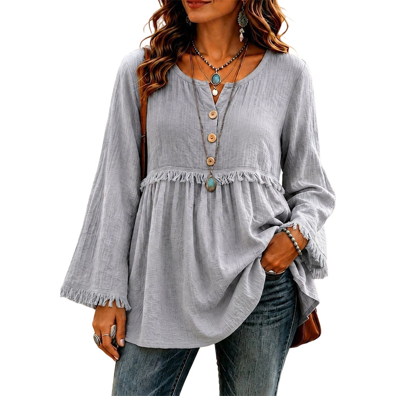 ✨👚Top casual feminino de manga comprida, corte largo e com franjas