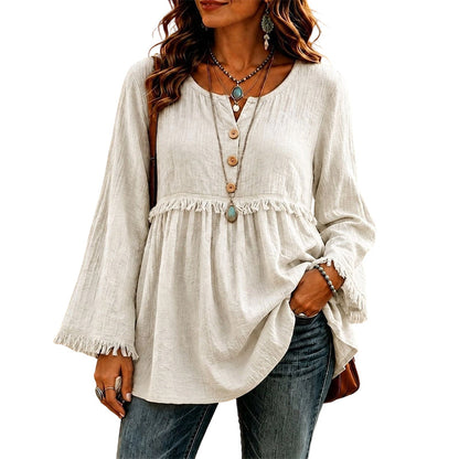 ✨👚Top casual feminino de manga comprida, corte largo e com franjas