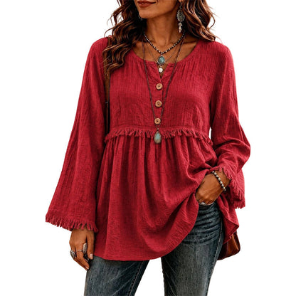 ✨👚Top casual feminino de manga comprida, corte largo e com franjas