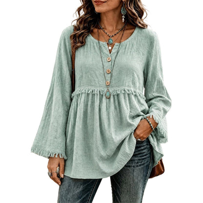 ✨👚Top casual feminino de manga comprida, corte largo e com franjas