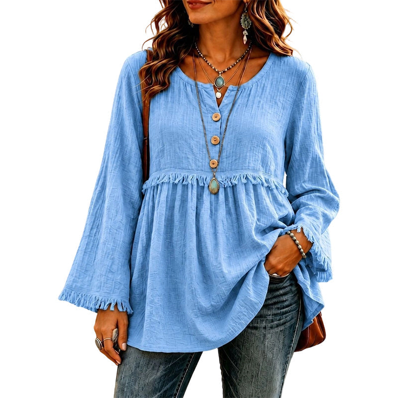 ✨👚Top casual feminino de manga comprida, corte largo e com franjas