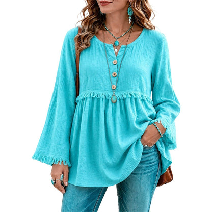 ✨👚Top casual feminino de manga comprida, corte largo e com franjas