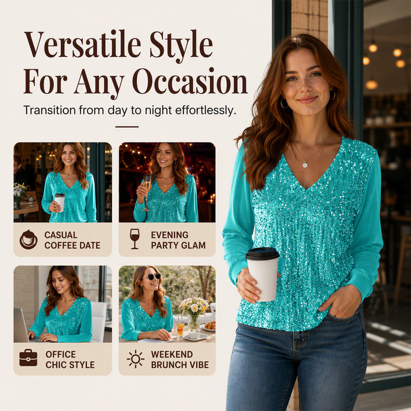 ✨ 👚Top elegante com decote em V e lantejoulas para mulher