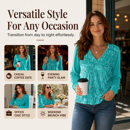 ✨ 👚Top elegante com decote em V e lantejoulas para mulher