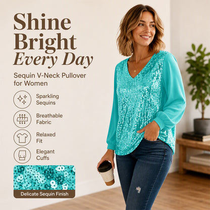 ✨ 👚Top elegante com decote em V e lantejoulas para mulher