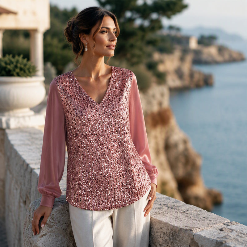 ✨ 👚Top elegante com decote em V e lantejoulas para mulher