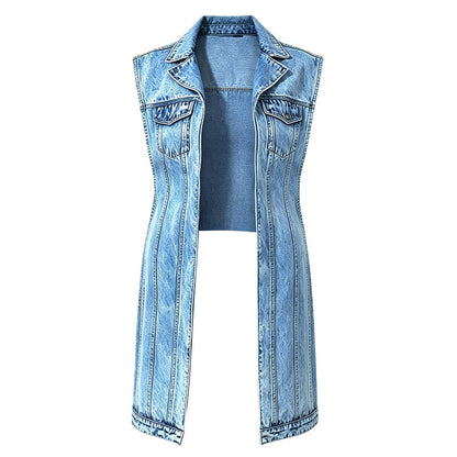 Vestido-colete de ganga sem mangas com fenda alta para mulher; Casaco de ganga comprido