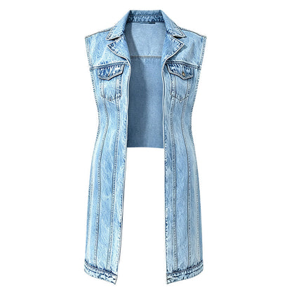 Vestido-colete de ganga sem mangas com fenda alta para mulher; Casaco de ganga comprido