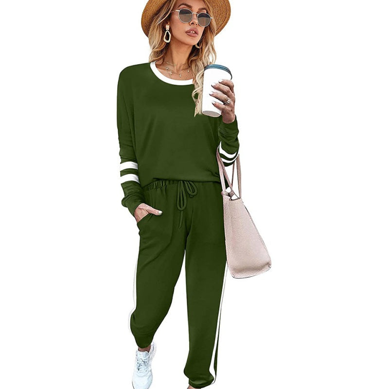 ✨👗Fato de treino feminino de duas peças com gola redonda e blocos de cor