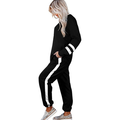 ✨👗Fato de treino feminino de duas peças com gola redonda e blocos de cor