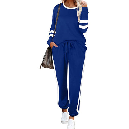 ✨👗Fato de treino feminino de duas peças com gola redonda e blocos de cor