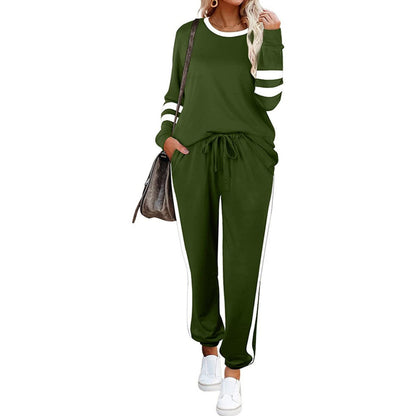 ✨👗Fato de treino feminino de duas peças com gola redonda e blocos de cor