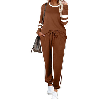 ✨👗Fato de treino feminino de duas peças com gola redonda e blocos de cor