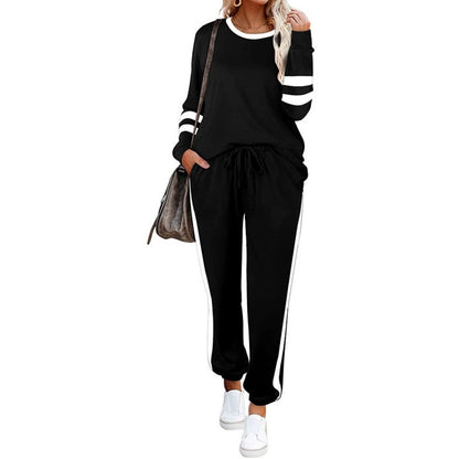 ✨👗Fato de treino feminino de duas peças com gola redonda e blocos de cor