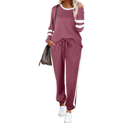 ✨👗Fato de treino feminino de duas peças com gola redonda e blocos de cor