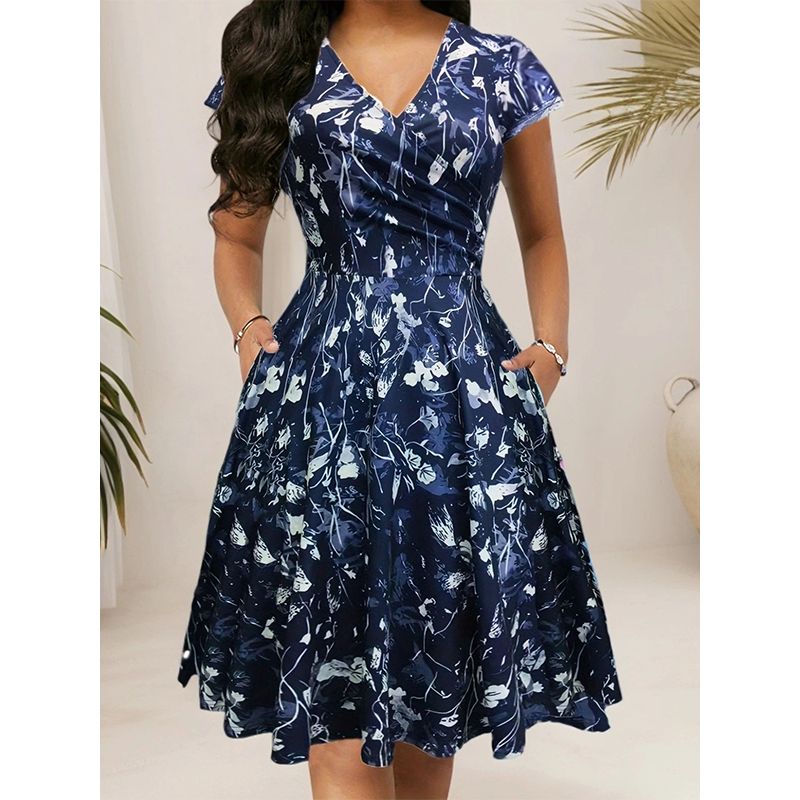 ✨👗Vestido elegante com estampado e bolsos para mulher