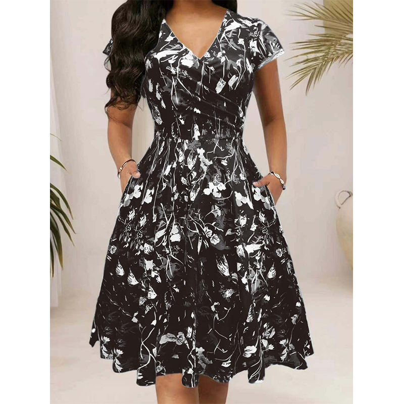 ✨👗Vestido elegante com estampado e bolsos para mulher