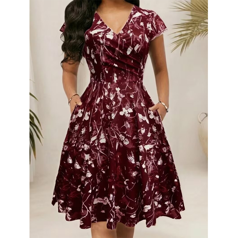 ✨👗Vestido elegante com estampado e bolsos para mulher