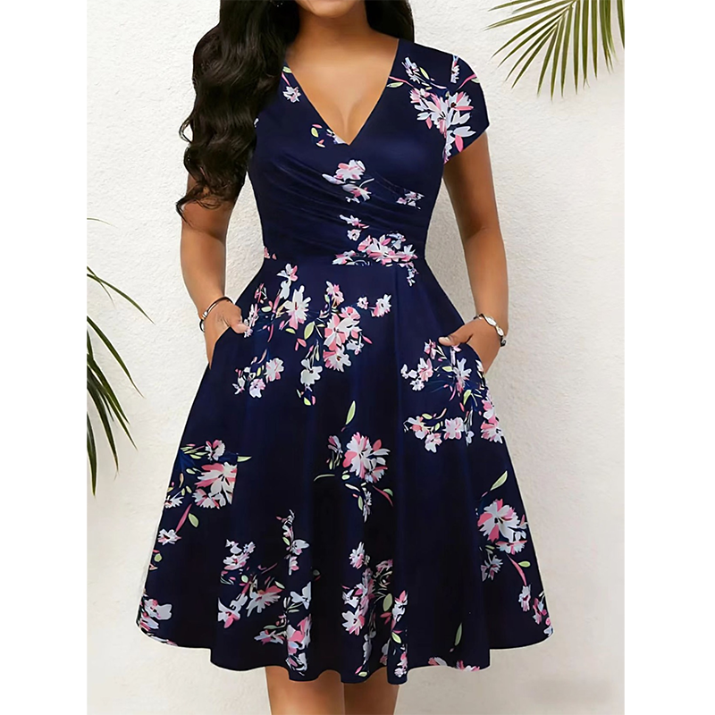 ✨👗Vestido elegante com estampado e bolsos para mulher