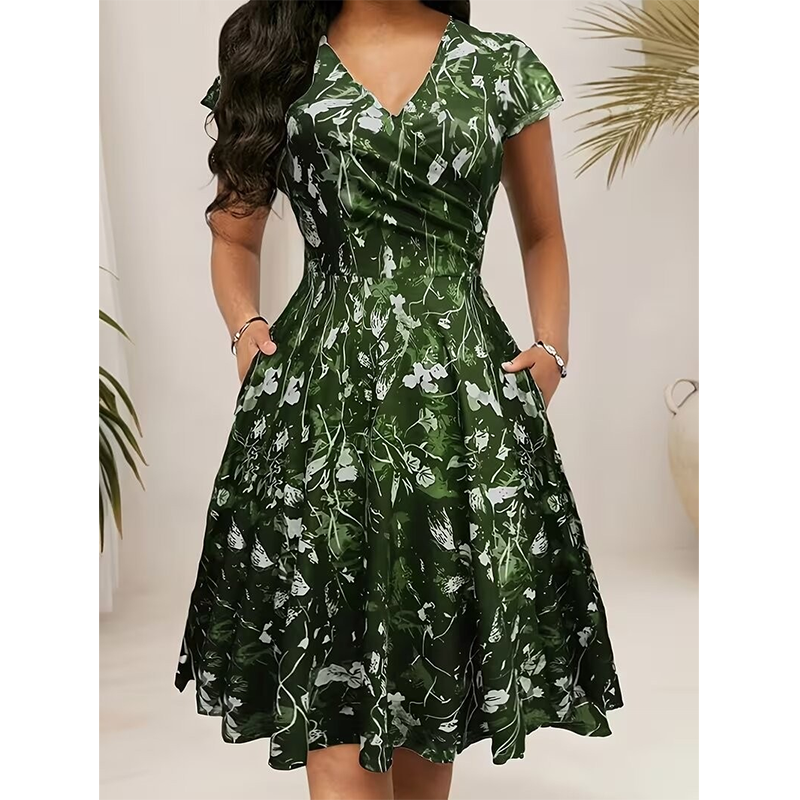 ✨👗Vestido elegante com estampado e bolsos para mulher
