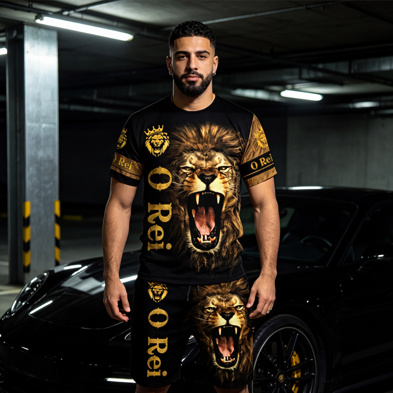 Conjunto casual de camiseta com estampa de animal e shorts para homem