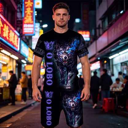 Conjunto casual de camiseta com estampa de animal e shorts para homem