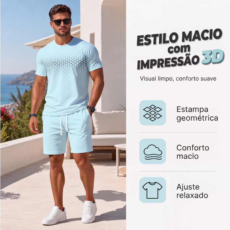 Conjunto de 2 peças: camiseta casual e shorts masculinos