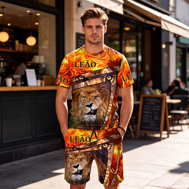 Conjunto casual de camiseta com estampa de animal e shorts para homem