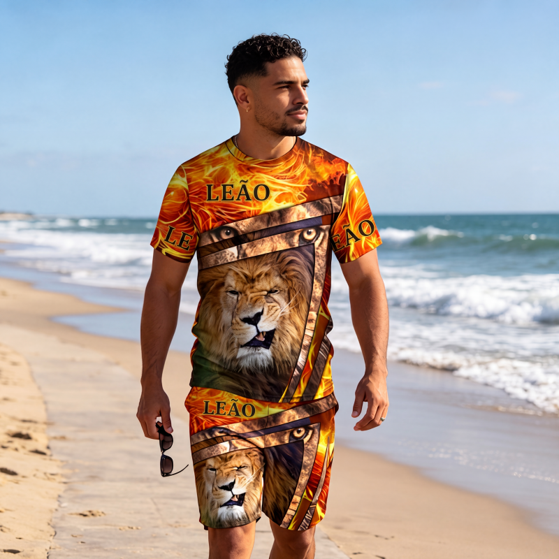 Conjunto casual de camiseta com estampa de animal e shorts para homem
