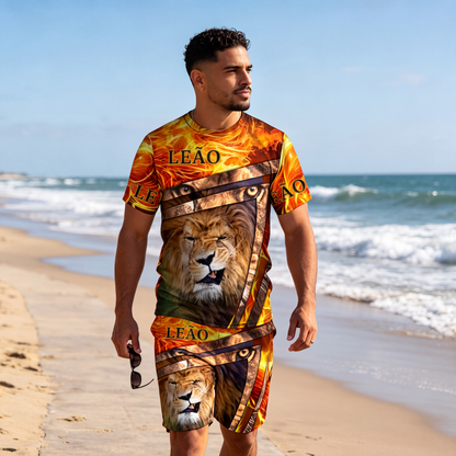 Conjunto casual de camiseta com estampa de animal e shorts para homem