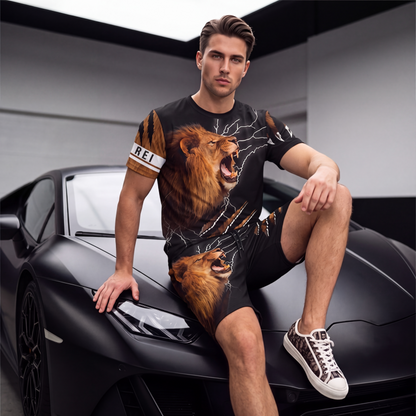 Conjunto casual de camiseta com estampa de animal e shorts para homem