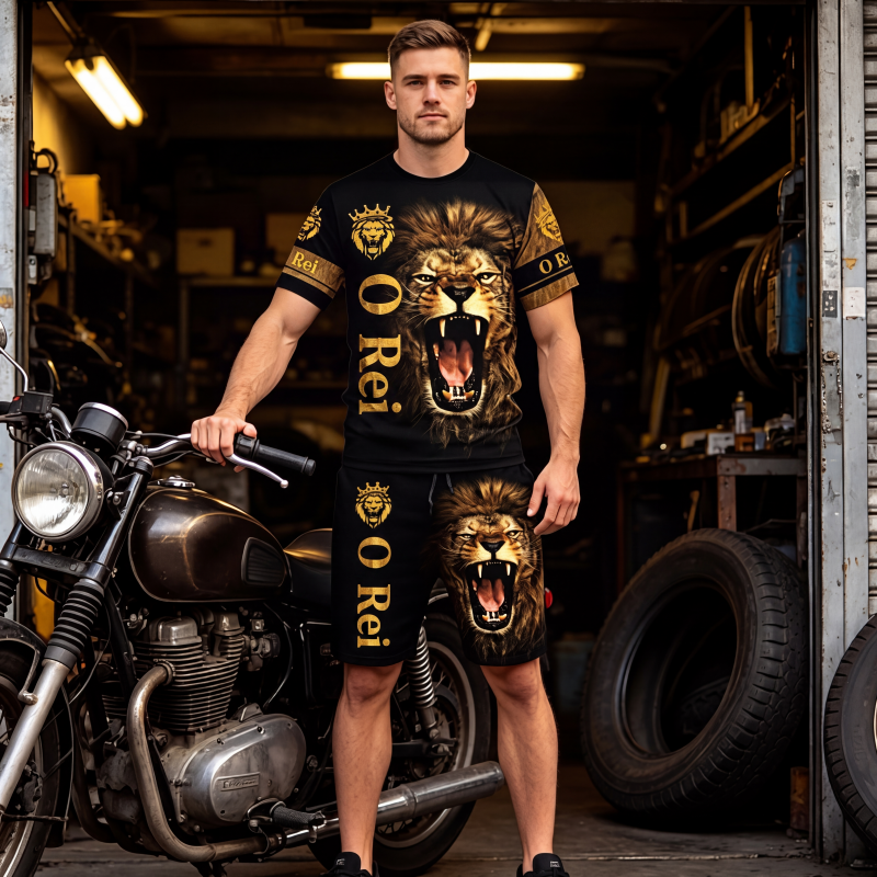 Conjunto casual de camiseta com estampa de animal e shorts para homem