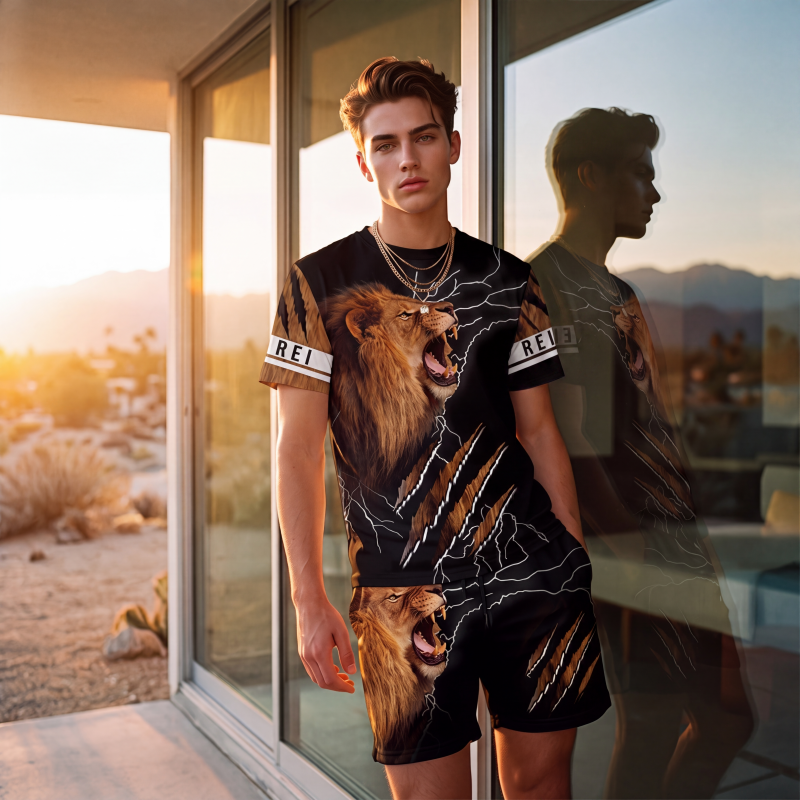 Conjunto casual de camiseta com estampa de animal e shorts para homem