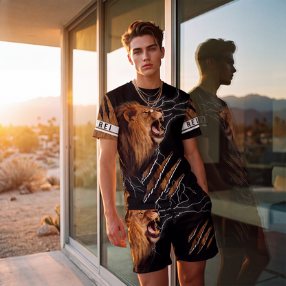 Conjunto casual de camiseta com estampa de animal e shorts para homem