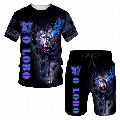 Conjunto casual de camiseta com estampa de animal e shorts para homem