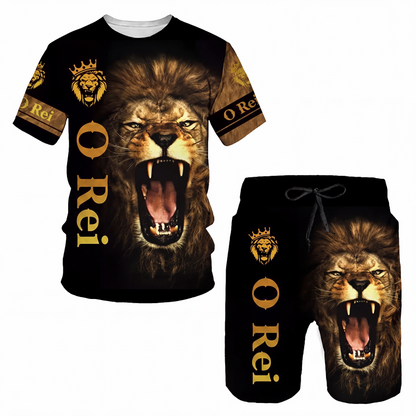 Conjunto casual de camiseta com estampa de animal e shorts para homem