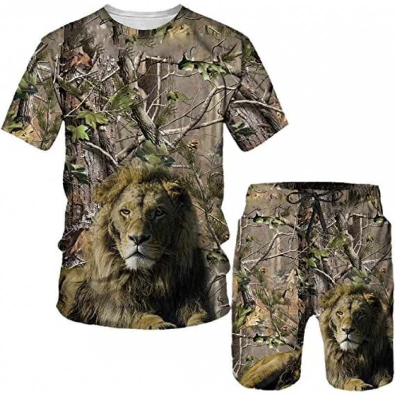 Conjunto casual de camiseta com estampa de animal e shorts para homem