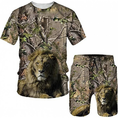 Conjunto casual de camiseta com estampa de animal e shorts para homem