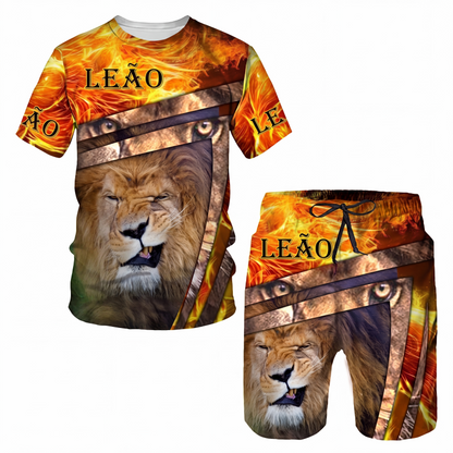 Conjunto casual de camiseta com estampa de animal e shorts para homem