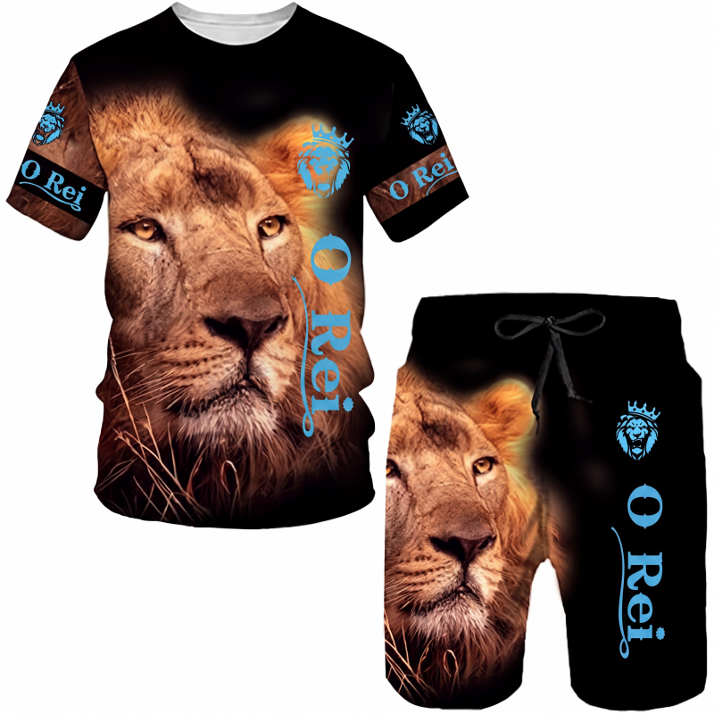 Conjunto casual de camiseta com estampa de animal e shorts para homem