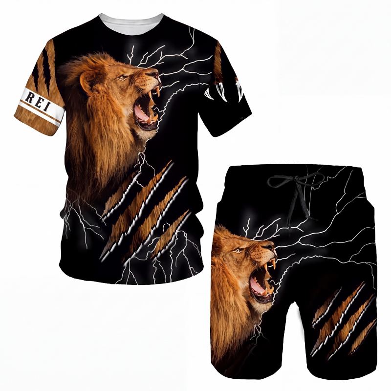 Conjunto casual de camiseta com estampa de animal e shorts para homem