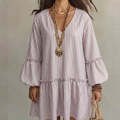 ✨👗Vestido feminino solto com listras, decote em V e mangas longas tipo lanterna