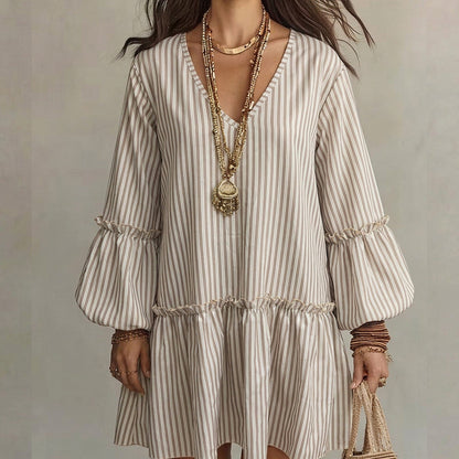 ✨👗Vestido feminino solto com listras, decote em V e mangas longas tipo lanterna