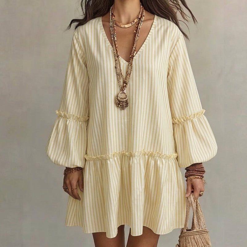 ✨👗Vestido feminino solto com listras, decote em V e mangas longas tipo lanterna