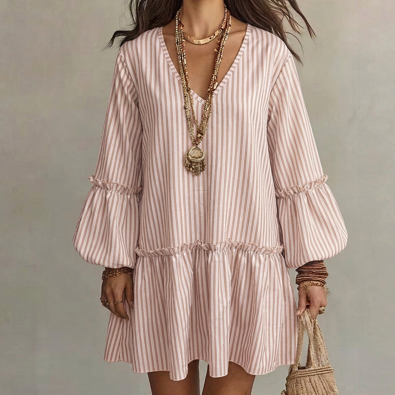✨👗Vestido feminino solto com listras, decote em V e mangas longas tipo lanterna