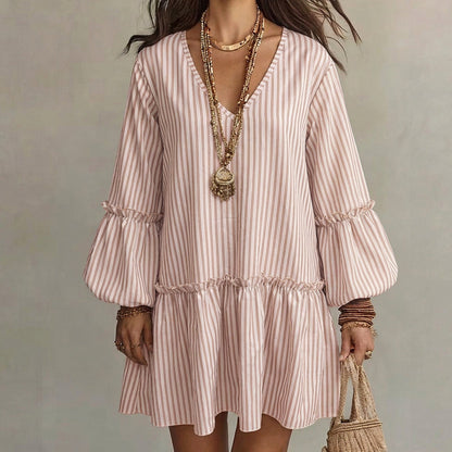 ✨👗Vestido feminino solto com listras, decote em V e mangas longas tipo lanterna