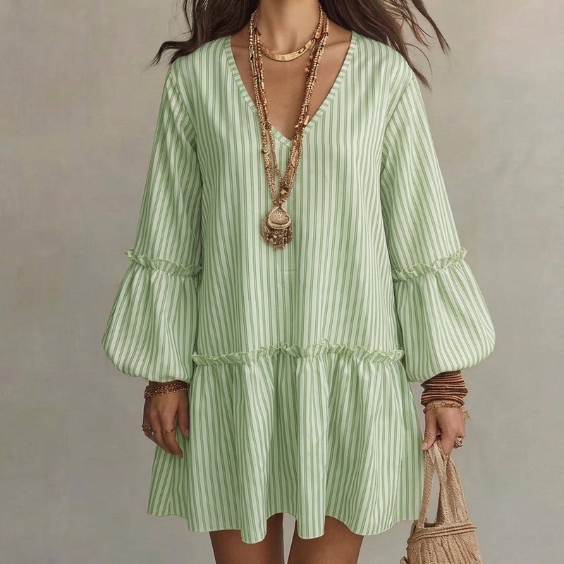 ✨👗Vestido feminino solto com listras, decote em V e mangas longas tipo lanterna