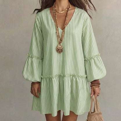 ✨👗Vestido feminino solto com listras, decote em V e mangas longas tipo lanterna
