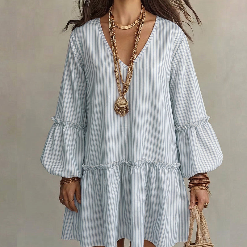✨👗Vestido feminino solto com listras, decote em V e mangas longas tipo lanterna