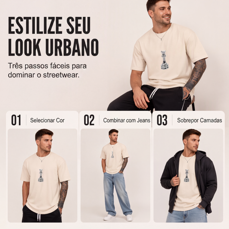 Camiseta masculina gola careca com estampa de xadrez